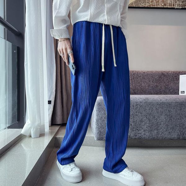 Calça masculina branca preta azul plissado moda moda de tamanho grande gelo streetwear coreano calça masculina solta masculina