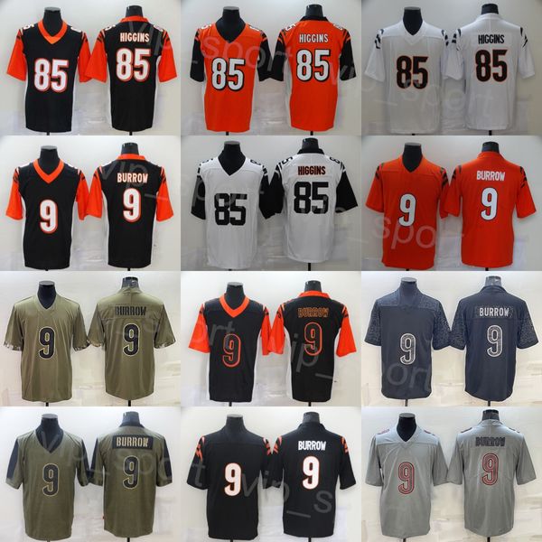 Mans 85 Tee Higgins Football Jersey 9 Joe Burrow Uniform tutto cucito Black White Orange Team Vapor Rush Salute al servizio torna indietro l'orologio traspirante