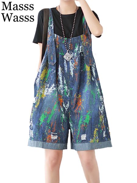 Damen Jeans Masss WASSS 2023 Sommer Mode Denim Kurzlose Vintage Printed Overalls Casual Punk Classic Hosen 230814