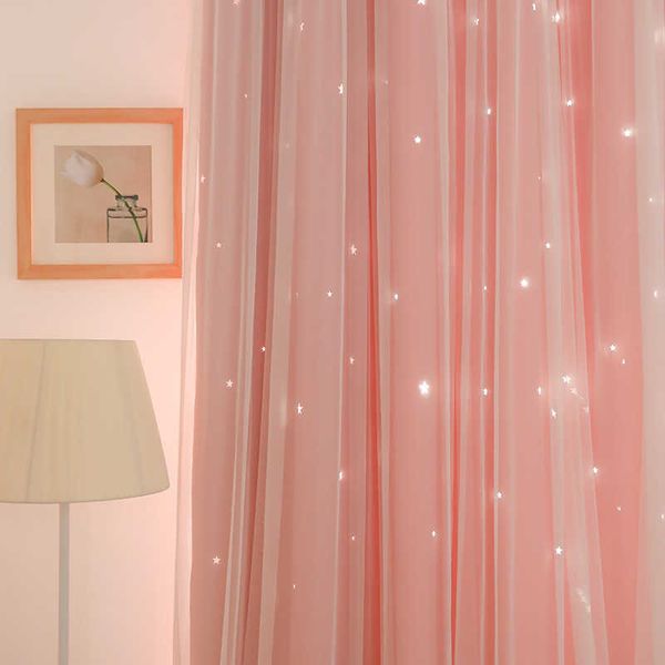 Cortina rosa oco estrelas cortinas para sala de estar quarto princesa cortina de renda branca sheer para menina quarto janela