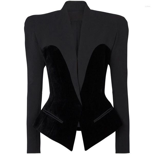 Ternos femininos 2023 Mulheres Moda Black Slim Fit Fit Spliced ​​Velvet Blazer Chic Hidden Basted Manga Longa Business Business Office Office Jackets