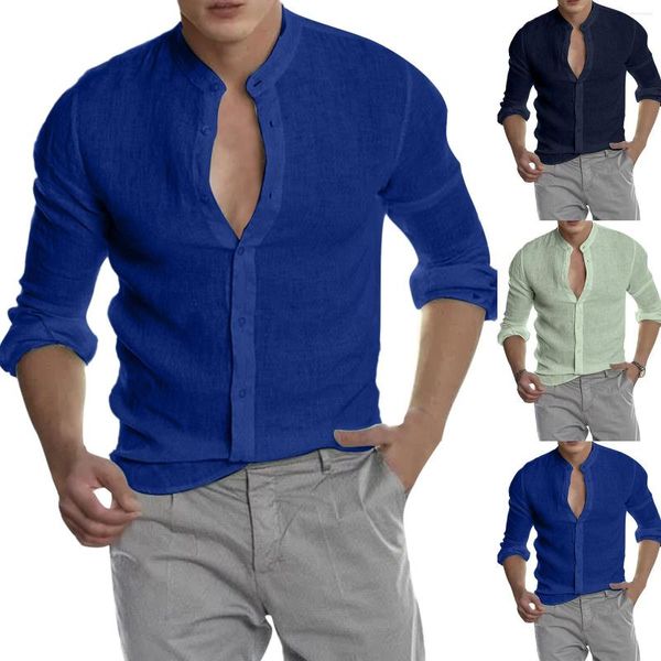 Magliette da uomo maschile moda casual color solido coloro in piedi maniche lunghe a vccarica cardigan camicia da spiaggia affari