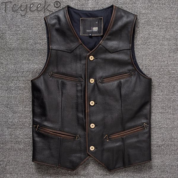 Herrenjacken echte Lederjacke Männer Vintage Cowhide Mantel Frühling Herbst Herbst lässige braune Weste Chaquetas Hombre Clearance 230814