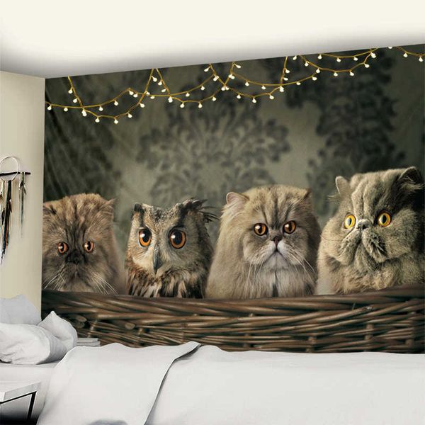 Arazzi Arazzo con gatto e gufo appeso a parete simpatico animale domestico semplici occhi confusi hippie tovaglietta camera da letto decorazioni per la casa