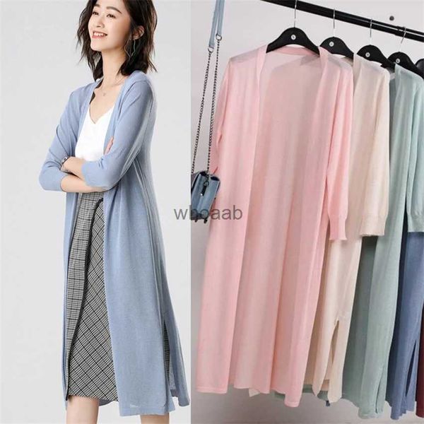 Женщины Midi Long Thin Cardigan куртка летняя осенняя повседневная шелковая вязаная кардиган