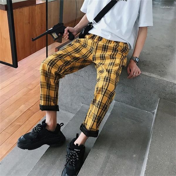 Calça masculina moda moda harajuku homens xadrezes causais de cintura elástica solta Coloque as calças de harém xadrez 5 cores de rua vintage