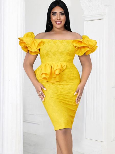 Plus -Größe Kleider gelbe schulterspitze trägerloser hoher Taille Stifte Midi Party Kleider Abend Cocktail Kurvige Frauen Outfits