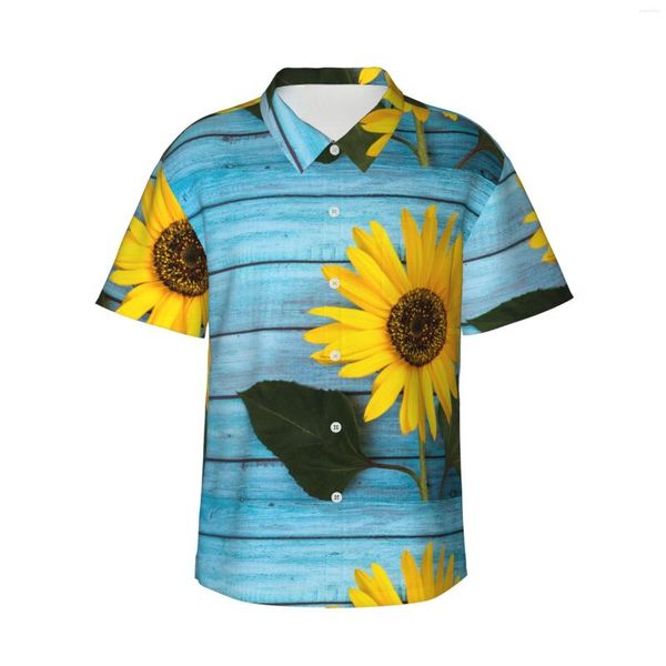 Camisas casuais masculinas girassol amarelo em azul claro masculino havaiano de manga curta do Down Beach Tropical Floral