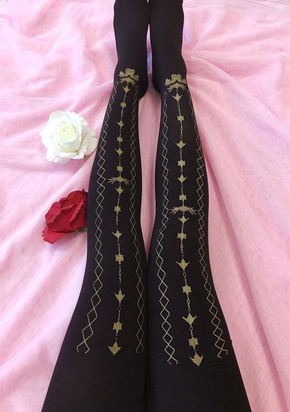 Frauen Socken Gothic Winter warm dicke süße Samt Strumpfhosen Antike Lolita Japanische dünne goldene Metallic Floral Printhosen für Mädchen