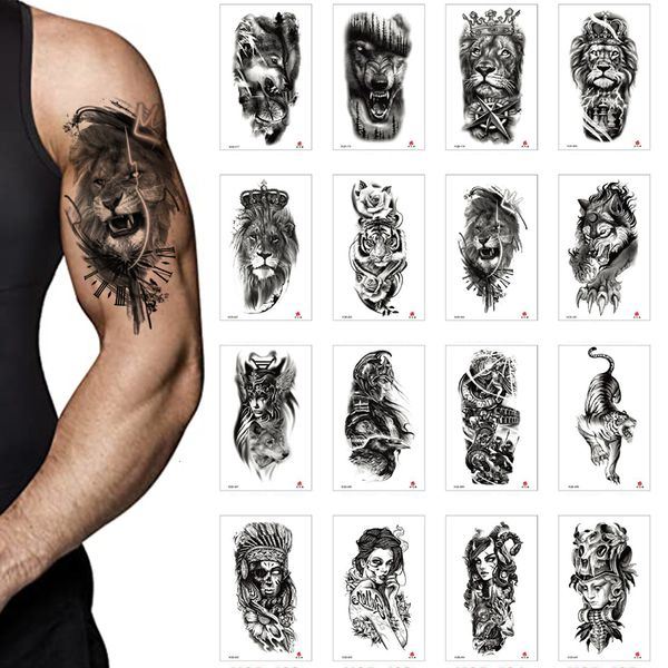 Temporäre Tattoos 100pcs Großhandelesaleses wasserdichte Blume Temporär Tattoo Aufkleber Wolf Lion Tiger Flash Körperkunst Arm gefälschte Frauen Totem 230814