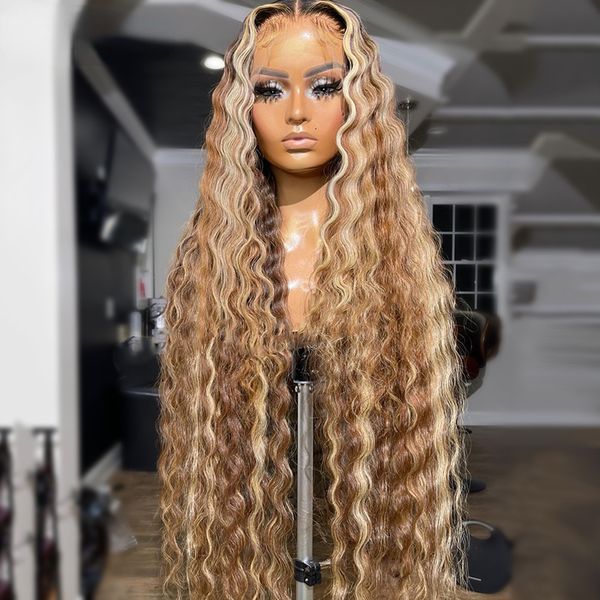 Synthetische Perücke 40 Zoll langes brasilianisches Haar Highlights Braunes blondes Haar mit tiefe, wellige Spitzen -Vorder -Perücke vorkämmerte Honigblonde Haarspitze