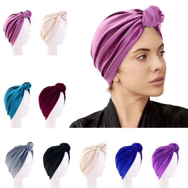 Autumn Winter Velvet Twist Knot turbante indiano lenço de cabeça feminina Cap muçulmana hijab chapéu de chapéu de chapé