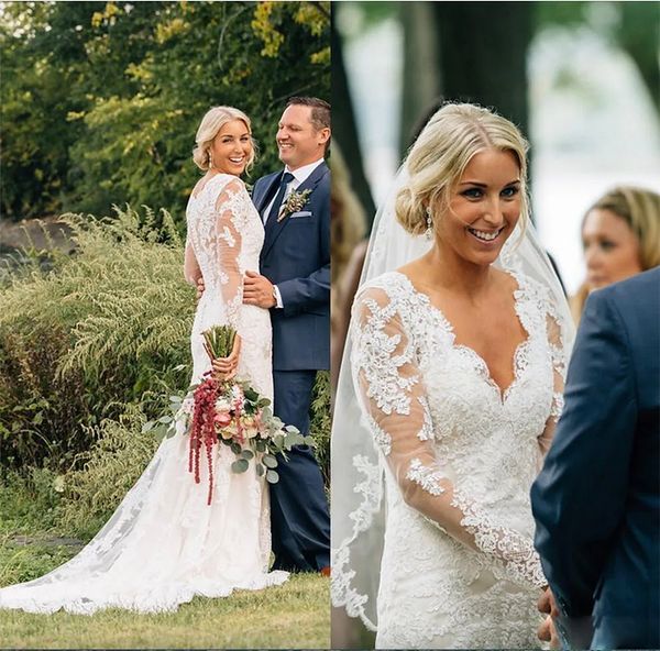 Abiti da sposa a sirena bianca a bohémien a maniche lunghe in pizzo a maniche lunghe abiti da sposa in cristallo