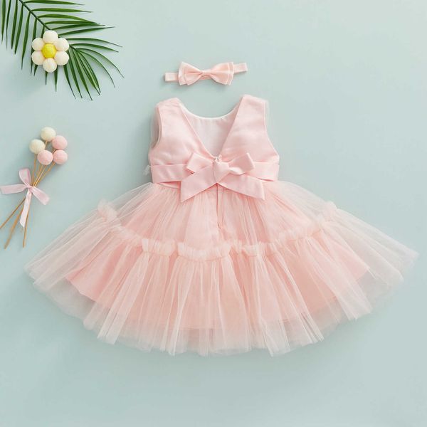 Mädchenkleider Kinder Mädchen formelles Kleid Sommer Baby Mädchen Geburtstagsfeier einfarbig ärmelloses gekräuseltes Mesh-Bowknot-Kleid + Stirnband