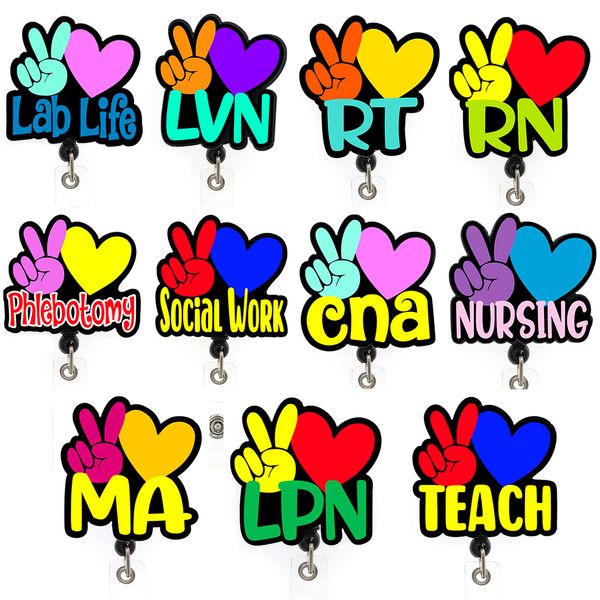 5 pezzi/lotto portachiavi moda Peace Love CNA/RN/RT/LPN porta badge in plastica acrilica porta badge retrattile con clip a coccodrillo per accessori per infermiere medico