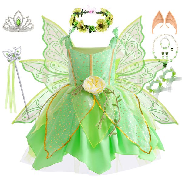 Девушка платья Фея платье девочка фэнтезийное лесной эльф костплей костюм дети зеленые платья с блестками листья детские наряды на Хэллоуин 2 10t 230814