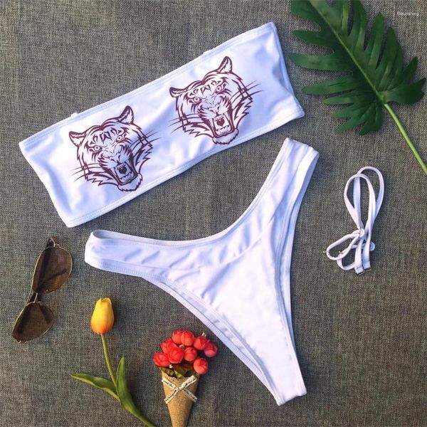 Da bagno da nuoto da bagno tiger stampare bikini bandeau cinghies tracce di costumi da spiaggia sexy in bikini set da bagno da bagno