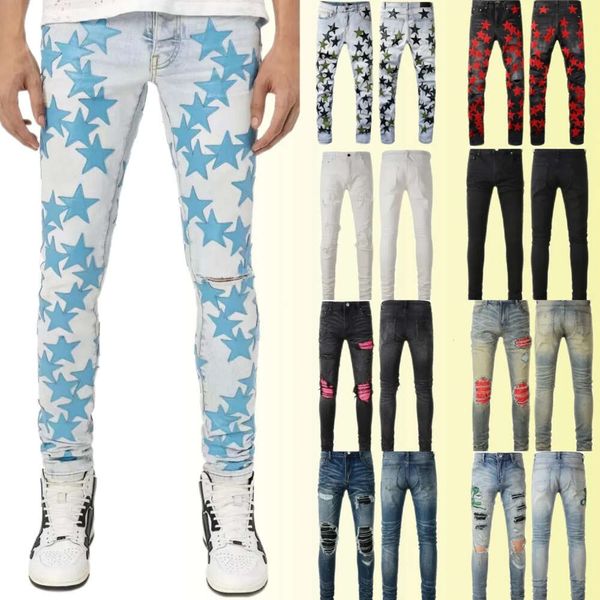 Designer Herren lila Jeans Farben Hosen Langer Nilpferde Aufkleber Sticker Slim Denim gerade Streetwear Skinny495