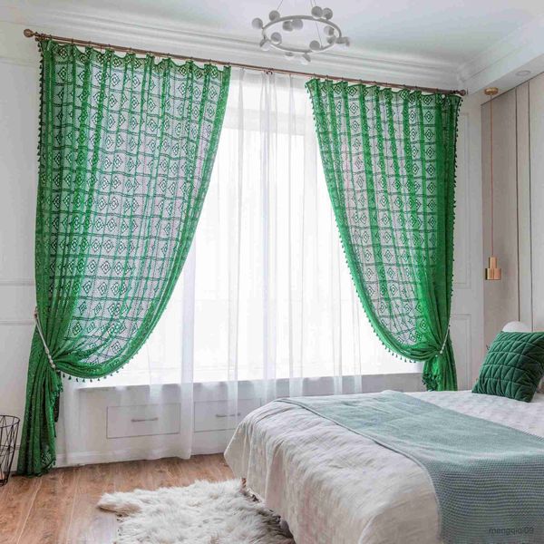 Cortinas de crochê verde nórdico para sala de estar cortina de tricô floral cortina de cortina de cortina para decoração de tratamento com janelas r230815