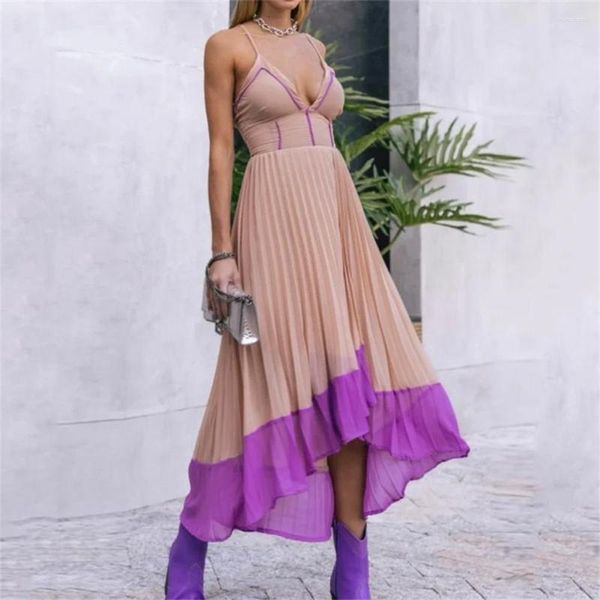 Vestidos casuais Mulheres Purple Patchwork Dress Maxi Summer V Nech Corcida Coloque a cintura Slim sem mangas suspensa plissada de rua irregular de festa