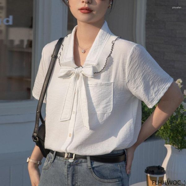 Kadın Bluzları 2023 Fransız Tarzı Çırpma Çat Tie Üstler Sevimli Kızlar Ofis Lady Tek Kezli Düğme Beyaz Gömlekler Şık Kore Giysileri