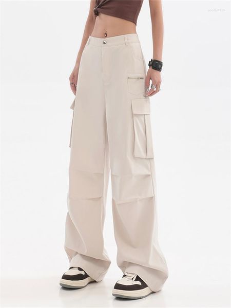 Pantaloni da donna vintage kaki kaki gamba larga cargo alta tasche grandi tasche per pantaloni di denim larghi casual oversize