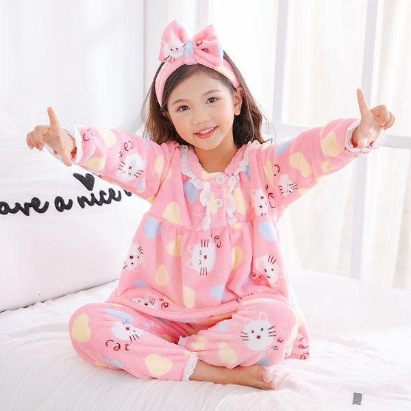 Pijama Big Girl Wear Wear Outono Inverno Manga Longa De flanela quente Conjunto fofo Princip Sleepwear Enviar Hair Band Christmas Gift 230815