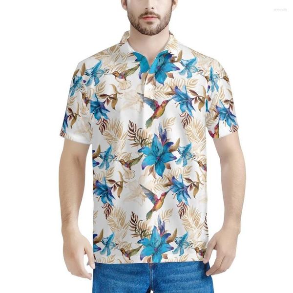 Polos masculinos Hawaii Hummingbird Floral Pattern 2023 Camisa de pólo de chegada de manga curta verão cogra de moda masculina masculina tops roupas