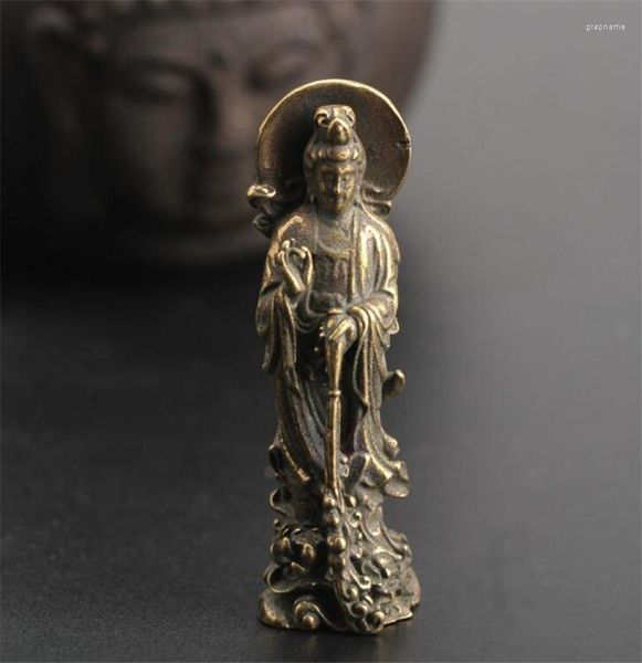 Estatuetas decorativas ym estátua de cobre small curio chinês bronze budismo kwan-yin guan yin lotus pingente