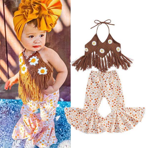 Conjuntos de roupas para bebês de 0 a 3 anos, conjuntos de roupas de férias para meninas com borla, bainha irregular, colete de malha com estampa floral, calças flare