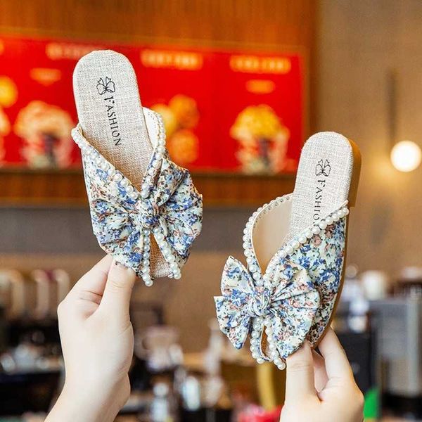 Slipper Mädchen Bowtie Hausschuhe 2023 Sommer Neue Perle Weiche Sohle Muskel Sohle Fisch Mund Prinzessin Schuhe Fragmentierte Blume Baotou Hausschuhe