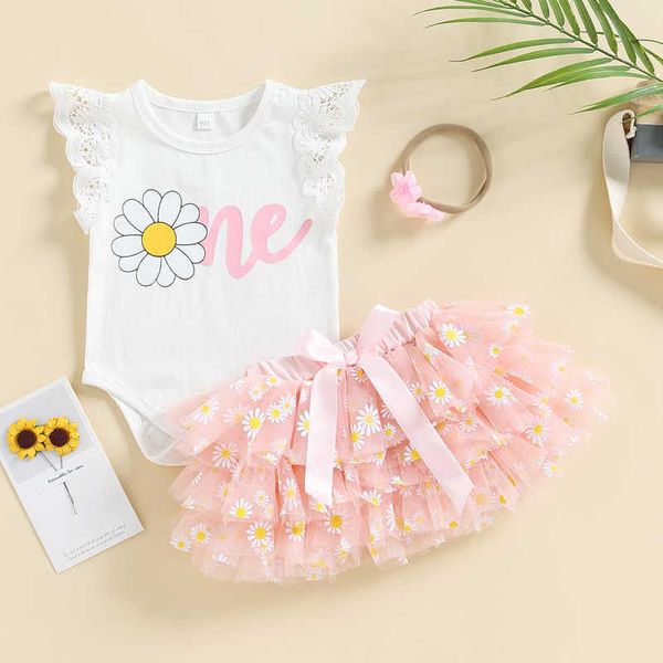 Conjuntos de roupas Bebê Meninas Verão Macacão Conjunto Floral Impressão Fly Manga Macacão e Casual Camada Malha Tule Saia Headband