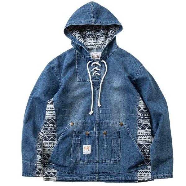 Giacche da uomo patchwork in stile etnico patchwork lavato con cappuccio con cappuccio con cappuccio con cappuccio per sovradimension oversize jeans cappotto maschio 230815