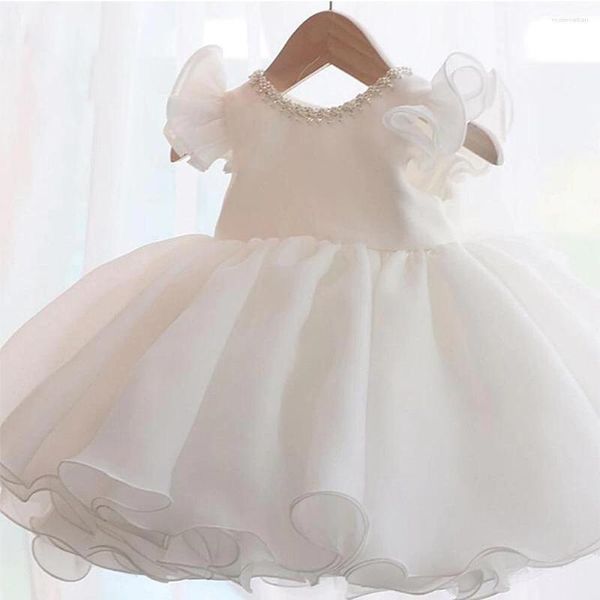Vestidos de menina verão arco arco branco vestido de batismo de 1 ano para roupas de bebê rosa festas de casamento miçangas de princesas roupas para crianças