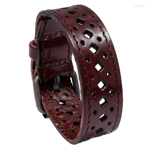 Bangelmänner echtes Leder mit Breitmanschetten -Kuhlatten -Armbändern Männliche Vintage Punk Style Hohlausleitungs -Design -Armband Schmuck kleine Geschenke