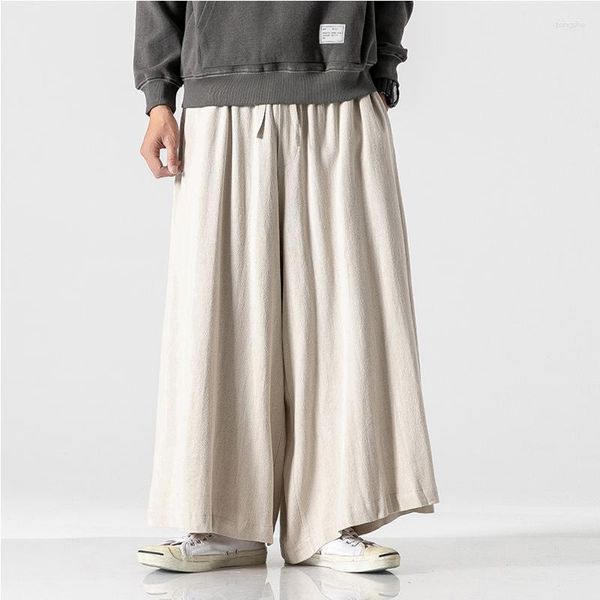 Calças masculinas moda retro solteira lavada de perna extra larga casual linho harém bloomers streetwear long knickerbockers outono