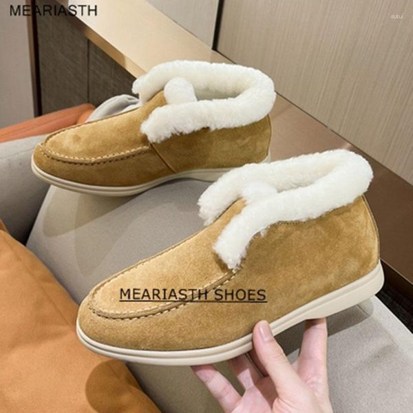 Stiefel in Stiefel 2023 Kuhseeder-Leather-Stiefel Flach Natural-Fur warmer Winter-Slip-on-Schnewolle mit für Frauen-Slebringe