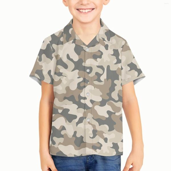 Camisas casuais masculinas Padrão de camuflagem CRIANÇAS CRIANÇAS CRIANÇAS DE MENINO 3D CAMISES HAWAIIANAS Moda geométrica Tops de peito simples de peito simples