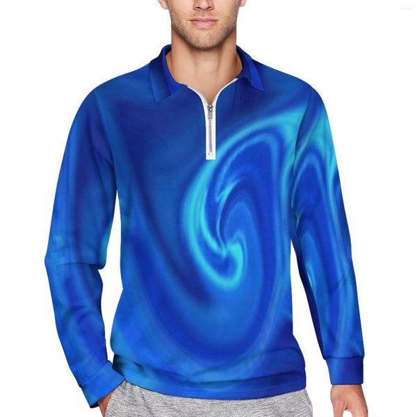 Polos masculinos azuis líquidos casuais camisetas abstratas estampar camisetas de pólo masculino camisa de tendência de outono de manga longa roupas gráficas de tamanho grande