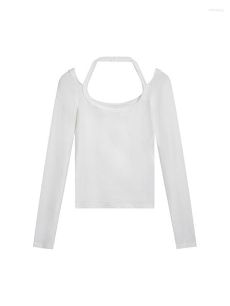 Camisetas femininas Camas de U Pescoço pendurado Branco Camiseta longa Camiseta Primavera Autumn Leisure Menina Sexy Slim Fit Pullover Tee