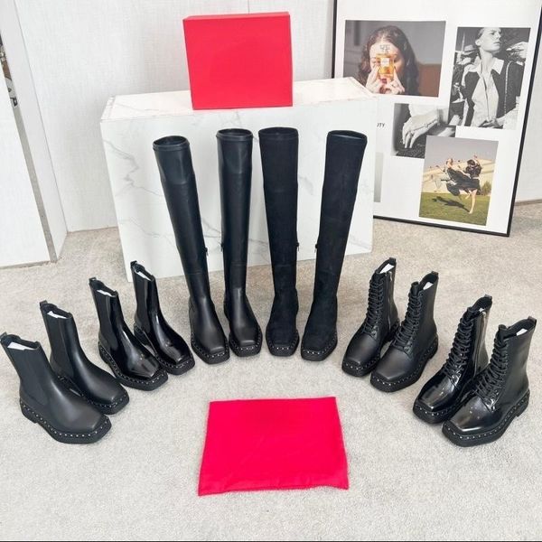 Cowhede botas de designer de luxo botas femininas meias impressas botas de plataforma sexy cravejado martin botas ao ar livre clássico sobre o joelho botas de motociclista moda botas curtas de cavaleiro