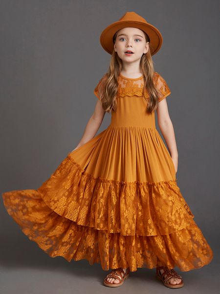 Abiti da ragazza Princess Girls a maniche corte in pizzo abiti da pavimento lungo bambini Bambini Flower Wedding Christmas Christmas Vestidos Abbigliamento 230815