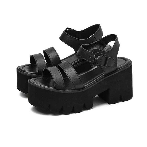 Черная платформа женские сандалии летние женские туфли женская блок каблука модная пряжка причинная сандалии дешевые высококачественные 230807