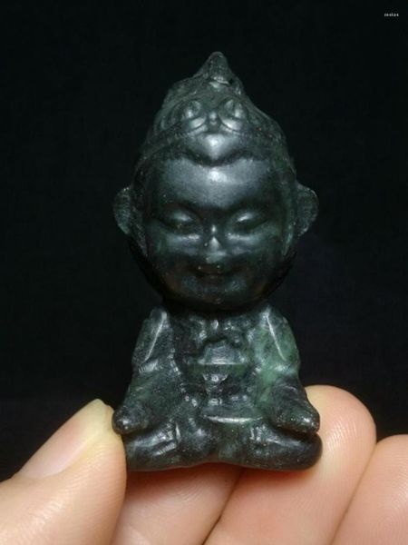 Figurine decorative 1919 Cinese Magneta nero Giade intaglio a mano Sun Wukong Buddha Statue Desca