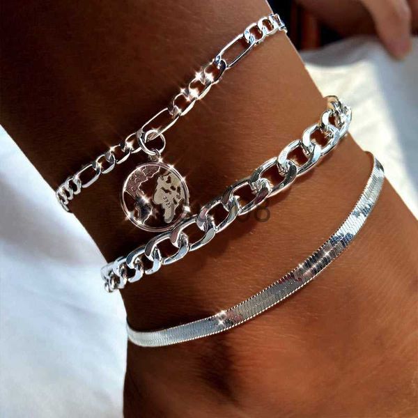 Anklets 3pcs/Set Gold Silver Color World Map Anklets für Frauen Bohemian Multilayer Anklet im Bein Mode -Himmels Fuß -Cessories J230815