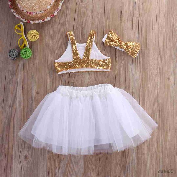 Set di abbigliamento principessa neonato per bambini in abbigliamento estivo set di paillettes+gigre abiti in tulle fascia 3pcs set di abbigliamento per bambini R230815