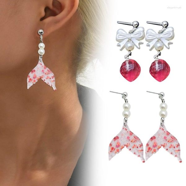 Orecchini per borchie 1 paio Mini Glass Sweet Girl Cute Bowknot Strawberry/Pesce perle in coda a sospensione Earinger