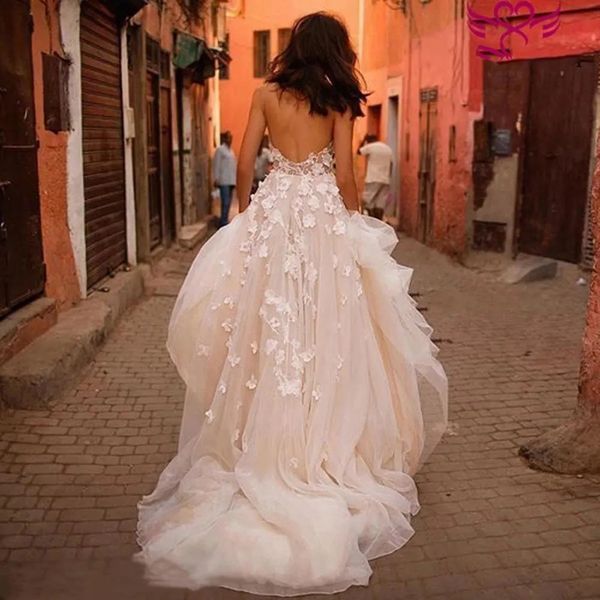 Abiti da sposa da spiaggia Liz Martinez con gonna a strati con scollo a V floreale 3D Backless Plus Size Elegante giardino country per bambini da sposa Gow261t