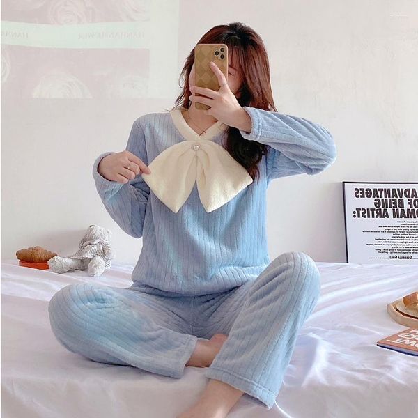 Frauen Nachtwäsche Pyjama Winter Flanell Pit Strip Samt 2023 Pullover Student Korean Cute Lady's Loungewear Set