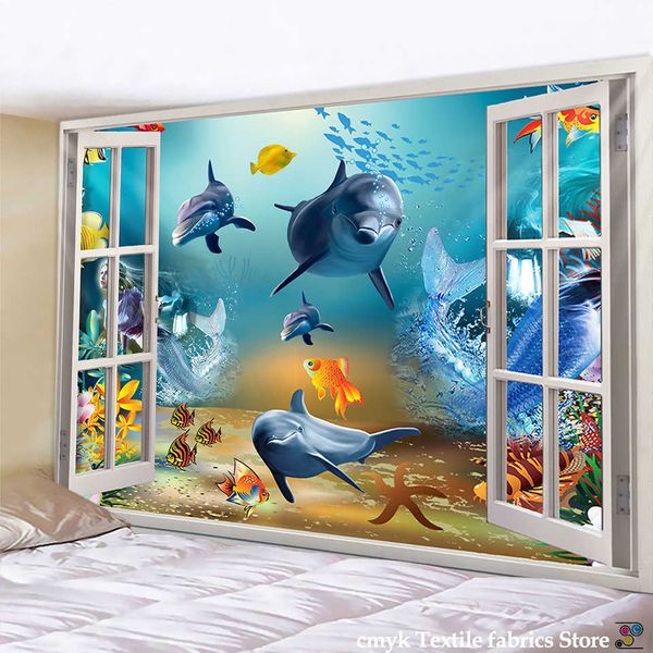 Arazzi Banco di pesci marini Arazzo appeso a parete Mondo sottomarino Hippie Pittura murale Decorazioni per la casa